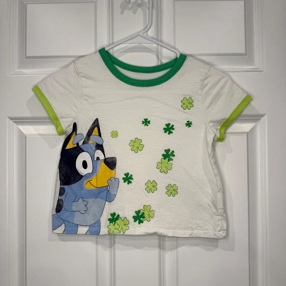 Kids‎ Bluey T Shirt White Green Shamrock Graphic Tee Size L